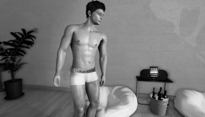 Avatar masculino en ropa interior, en blanco y negro, junto a una cama.