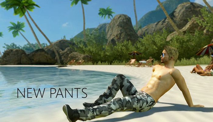 Avatar masculino descansando al aire libre en una playa tropical.