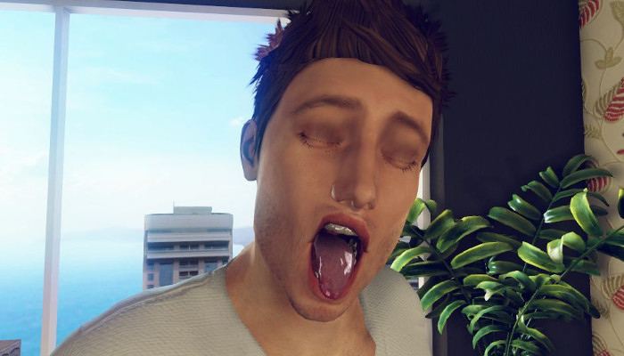 Primer plano de un avatar masculino 3D en un interior moderno.