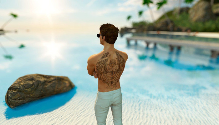 Avatar masculino con pantalones claros junto a una costa tropical.