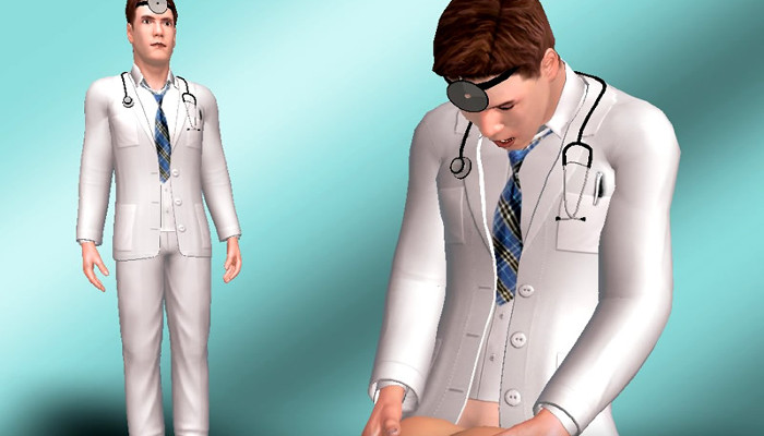 Personaje masculino con bata blanca de médico y estetoscopio.