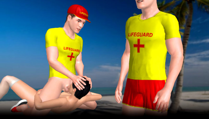 Avatares con temática de socorristas en una escena de rol en la playa.