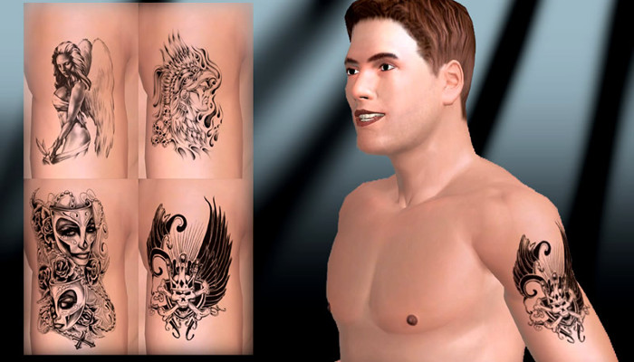 Avatar masculino junto a un panel de tatuajes seleccionables.