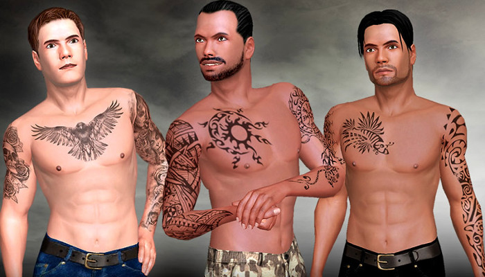 Tres avatares masculinos sin camiseta que muestran tatuajes en el pecho.