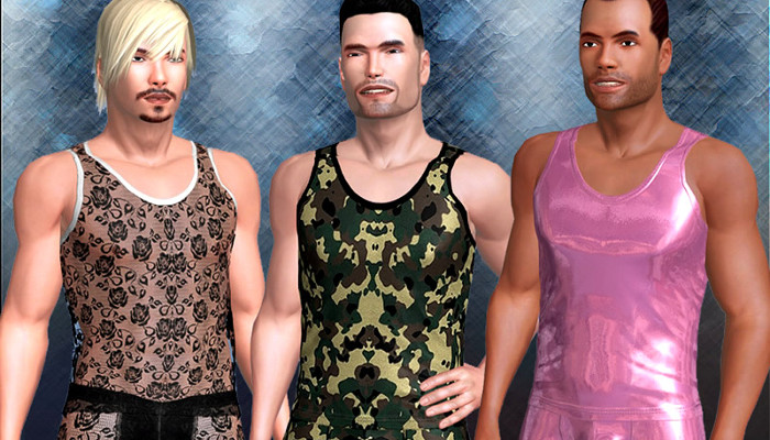 Tres avatares masculinos con camisetas de tirantes de colores.