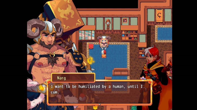 Diálogo de RPG en pixel art dentro de una taberna fantástica.