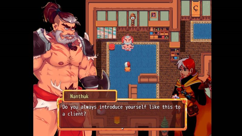 Pantalla de diálogo RPG con retrato de un personaje musculoso de gran tamaño.