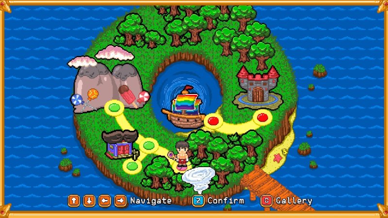 Mapa cenital colorido con niveles de una aventura de plataformas.