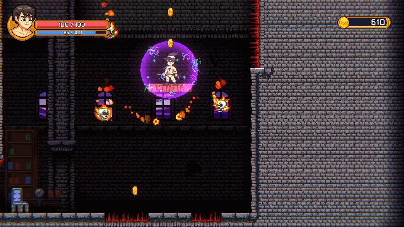 Personaje de pixel art en una zona de plataformas subterránea.
