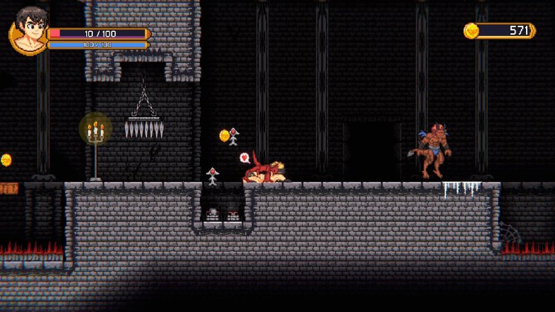 Escena de plataformas subterránea con personajes sobre pasarelas de piedra.