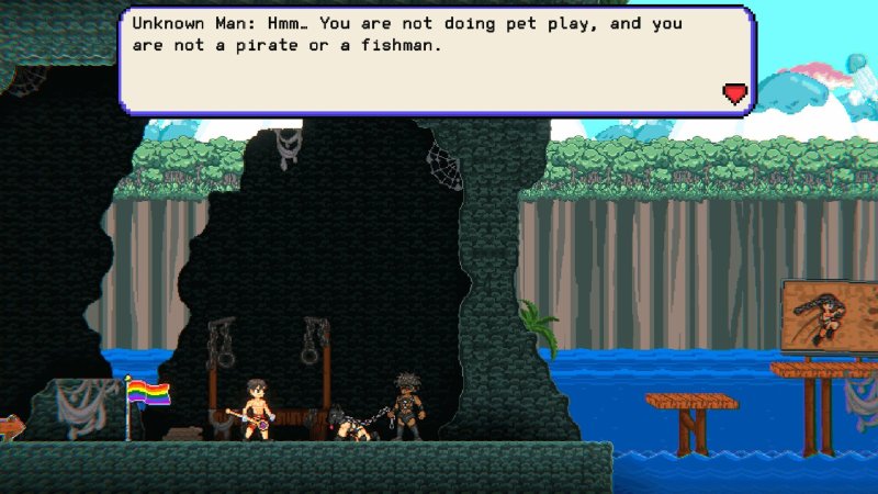 Diálogo pixelado con silueta de personaje bajo un arco.
