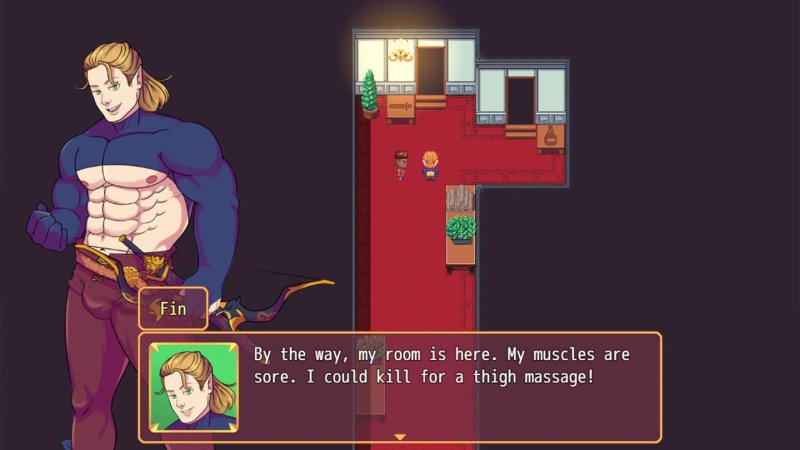 Conversación de pixel art con un guerrero musculoso en un interior.