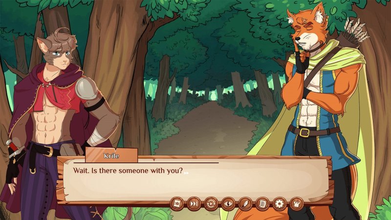 Diálogo de novela visual furry con dos personajes animales en un bosque.