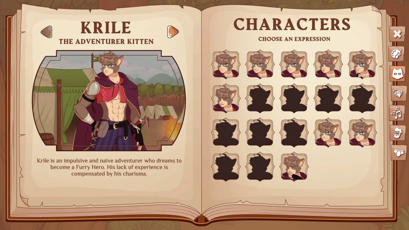 Página de libro con perfiles y retratos del reparto furry.