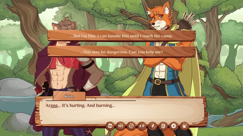 Diálogo de novela visual furry fantástica en un paisaje boscoso.