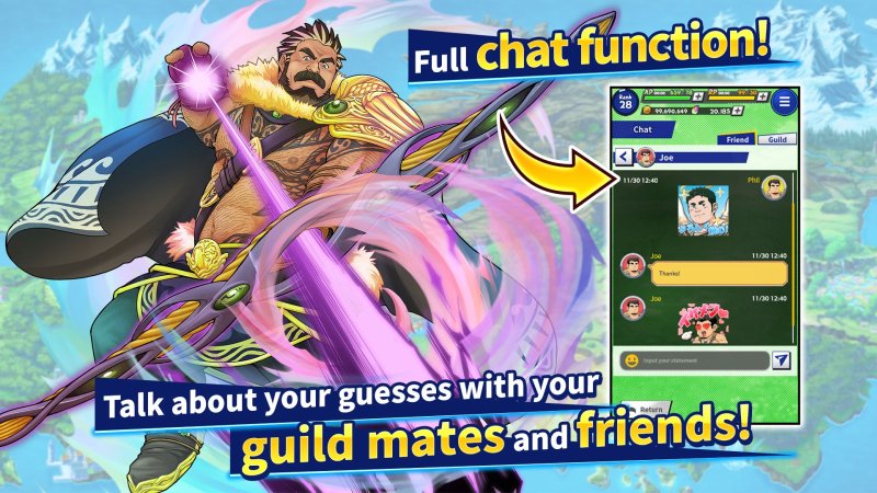 Interfaz de chat del juego con ilustración de equipo multijugador.
