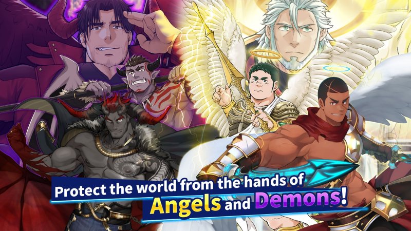 Personajes masculinos ilustrados con elementos angelicales y demoníacos.