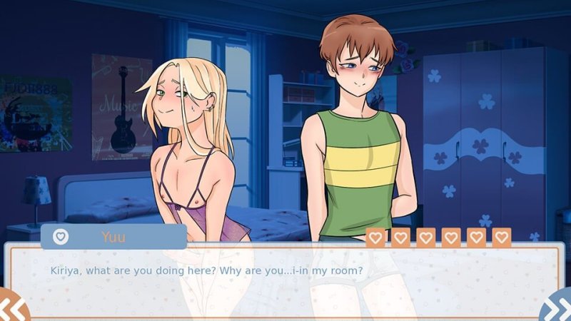 Diálogo de novela visual estilo anime con dos personajes en un interior.