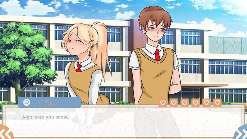 Diálogo de novela visual entre personajes anime ilustrados.