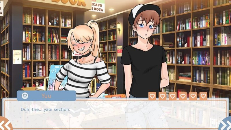 Conversación de un personaje anime en una habitación llena de libros.