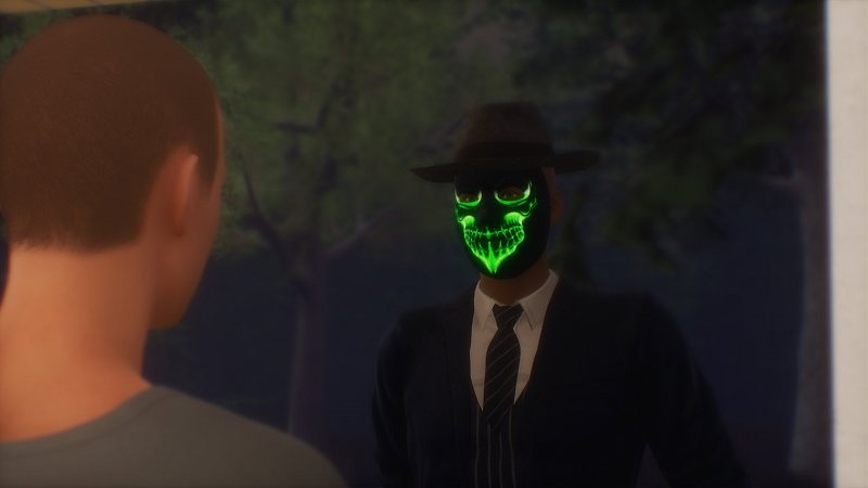 Personaje adulto 3D con máscara luminosa en una habitación oscura.