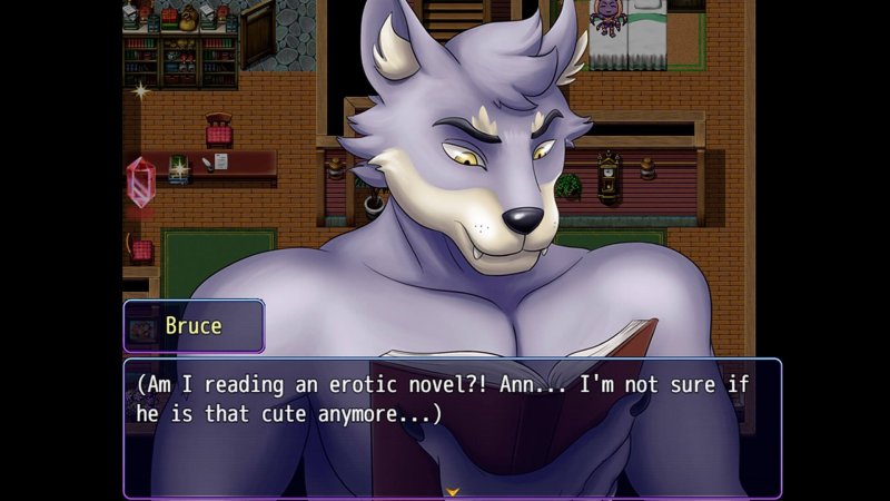 Retrato de personaje furry adulto durante una conversación de novela visual.