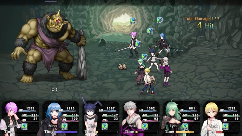 Combate RPG fantástico visto desde arriba con iconos de equipo y jefe enemigo.