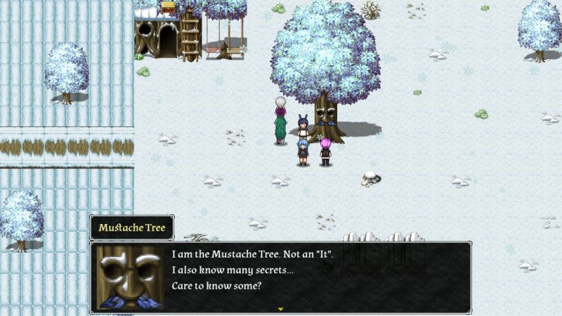 Mapa nevado de RPG con personajes junto a un edificio.