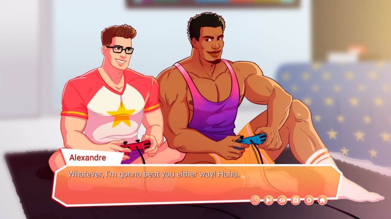 Diálogo de novela visual bara entre personajes masculinos musculosos.
