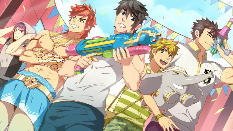 Ilustración grupal del reparto de personajes masculinos adultos.