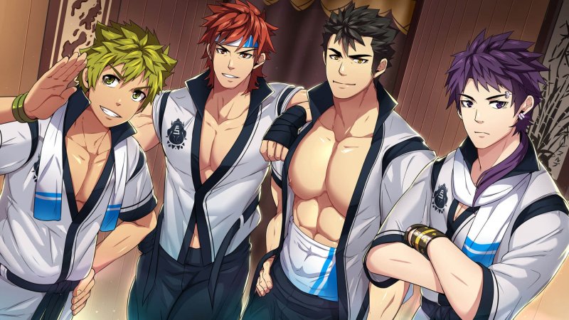 Cuatro personajes masculinos de novela visual con camisas blancas.