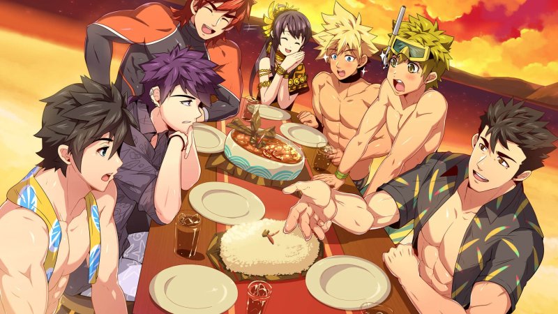 Grupo de personajes masculinos estilo anime compartiendo una comida.
