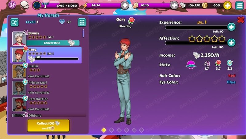 Interfaz de plantilla y progresión de personajes de Gay Harem.