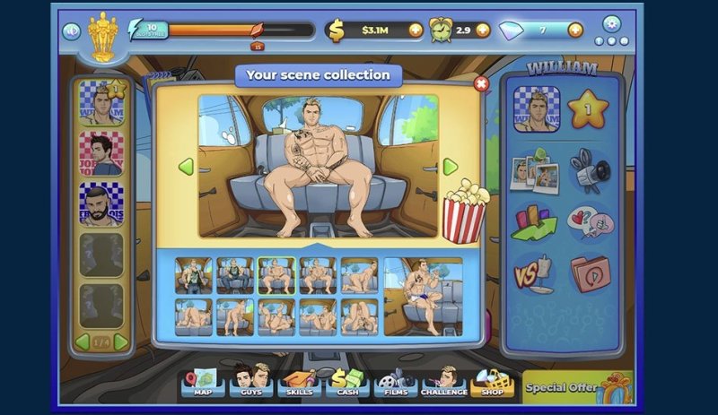 Selección de personaje masculino y escena romántica en un clicker.
