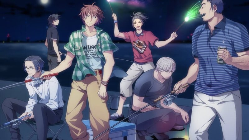 Grupo de personajes masculinos de pie en una escena de fiesta.