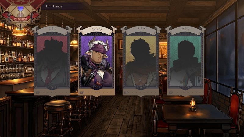 Interior de taberna fantástica ilustrada y pantalla de elección de personajes.
