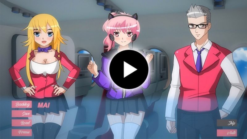 Escena promocional con tripulantes de cabina y un símbolo de reproducción.