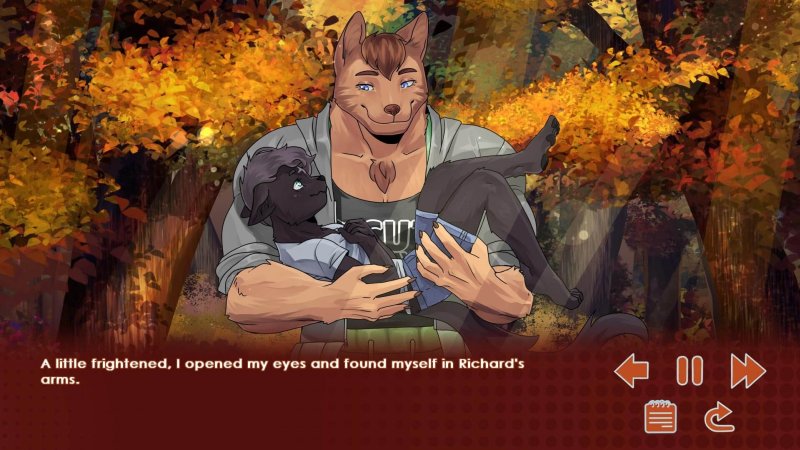 Personaje furry masculino de una novela visual leyendo al aire libre en otoño.