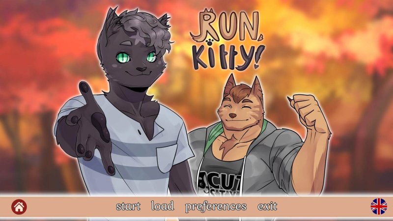 Pantalla de título de Run, Kitty! con dos personajes animales masculinos de estilo dibujo animado.