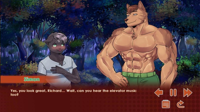 Dos personajes furry masculinos conversando en un bosque nocturno.