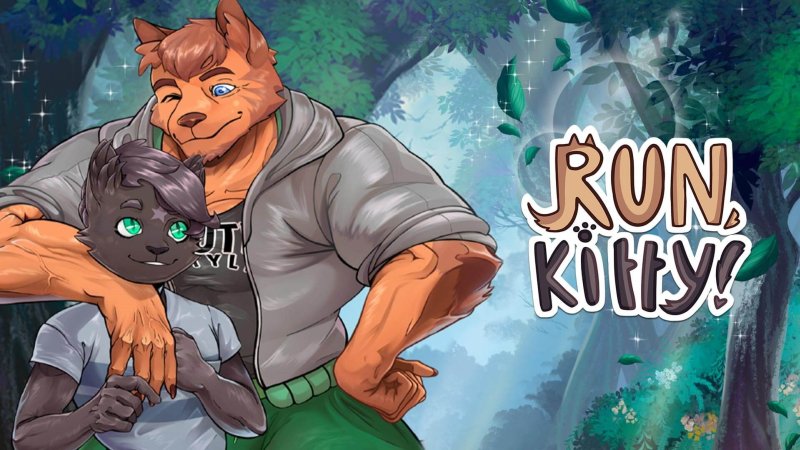 Portada ilustrada de Run, Kitty! con personajes masculinos de lobo y gato.