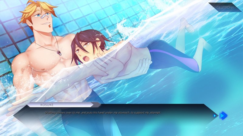 Dos personajes masculinos anime abrazándose junto al agua.