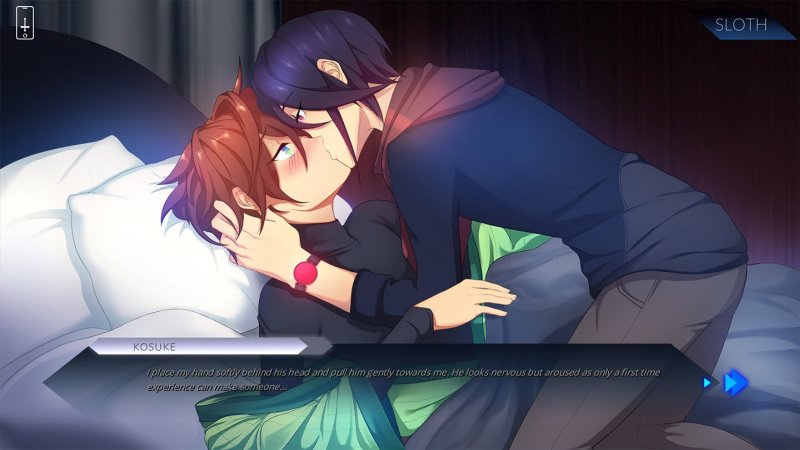 Dos hombres adultos ilustrados descansando muy cerca en una escena narrativa.