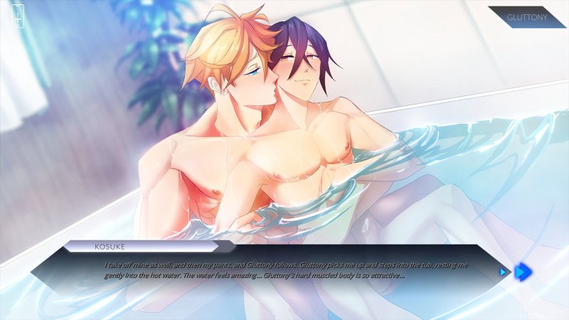 Dos personajes masculinos adultos en una escena de baños.