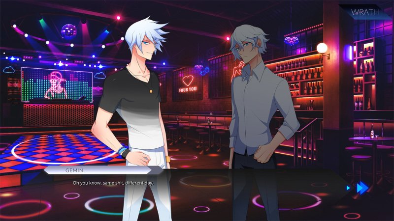 Dos personajes masculinos hablando en un bar iluminado con neones.
