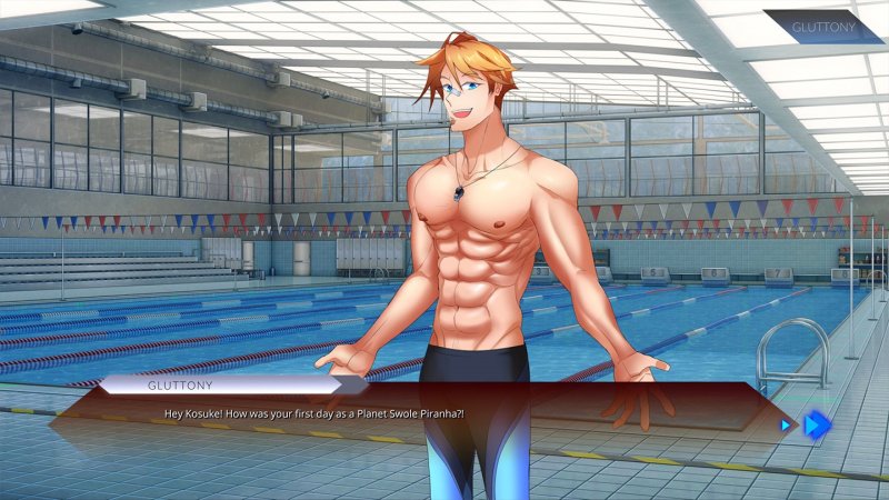 Personaje masculino con el torso descubierto junto a una piscina soleada.