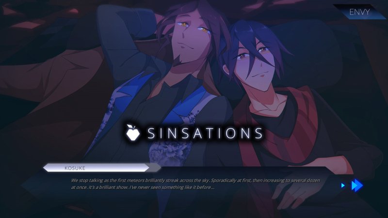 Pantalla de título del juego con dos personajes masculinos adultos.