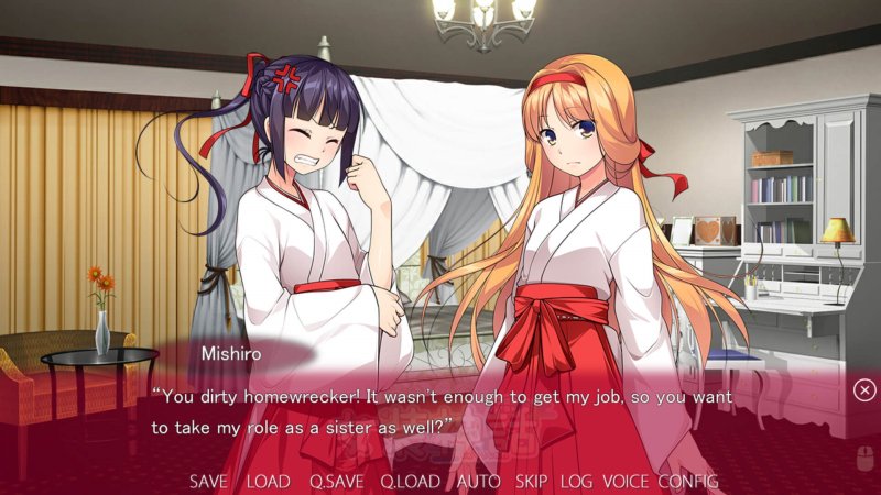 Diálogo anime con dos personajes de santuario en un interior.