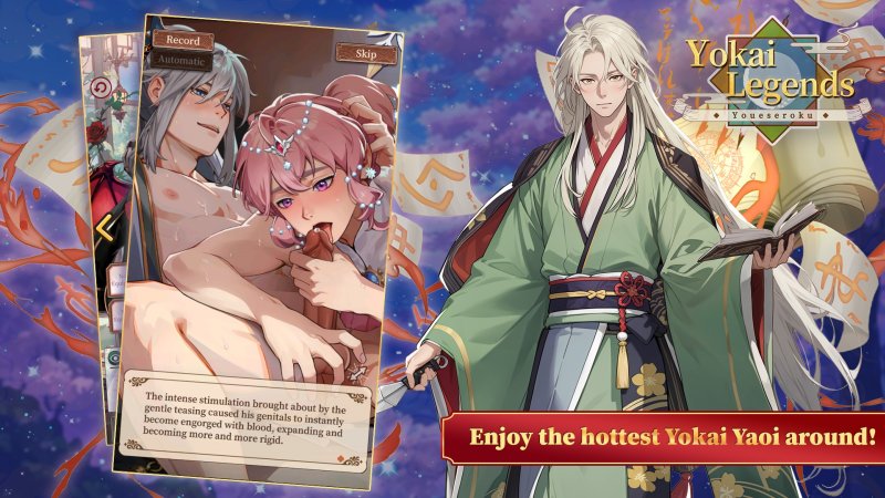 Presentación de personajes de Yokai Legends con ilustraciones fantásticas para adultos.