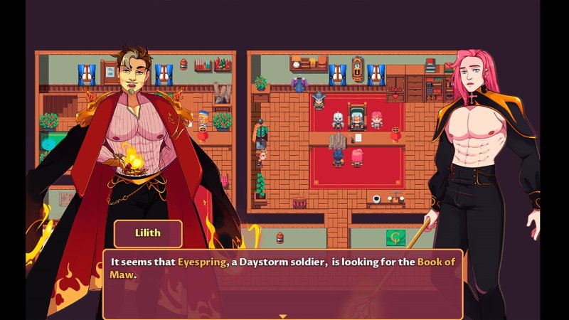 Dos personajes conversando en una taberna fantástica con un cuadro de diálogo.